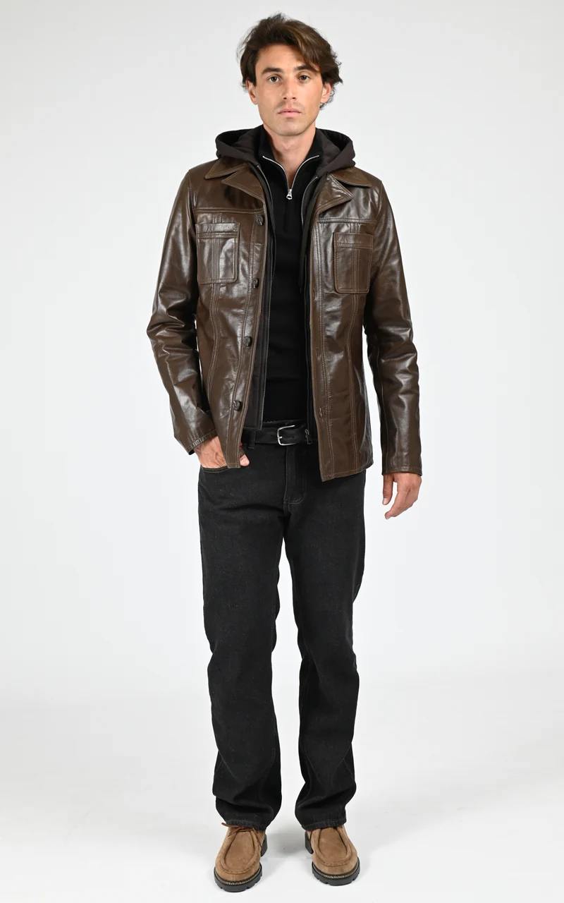 Veste capuche cuir Taggart marron