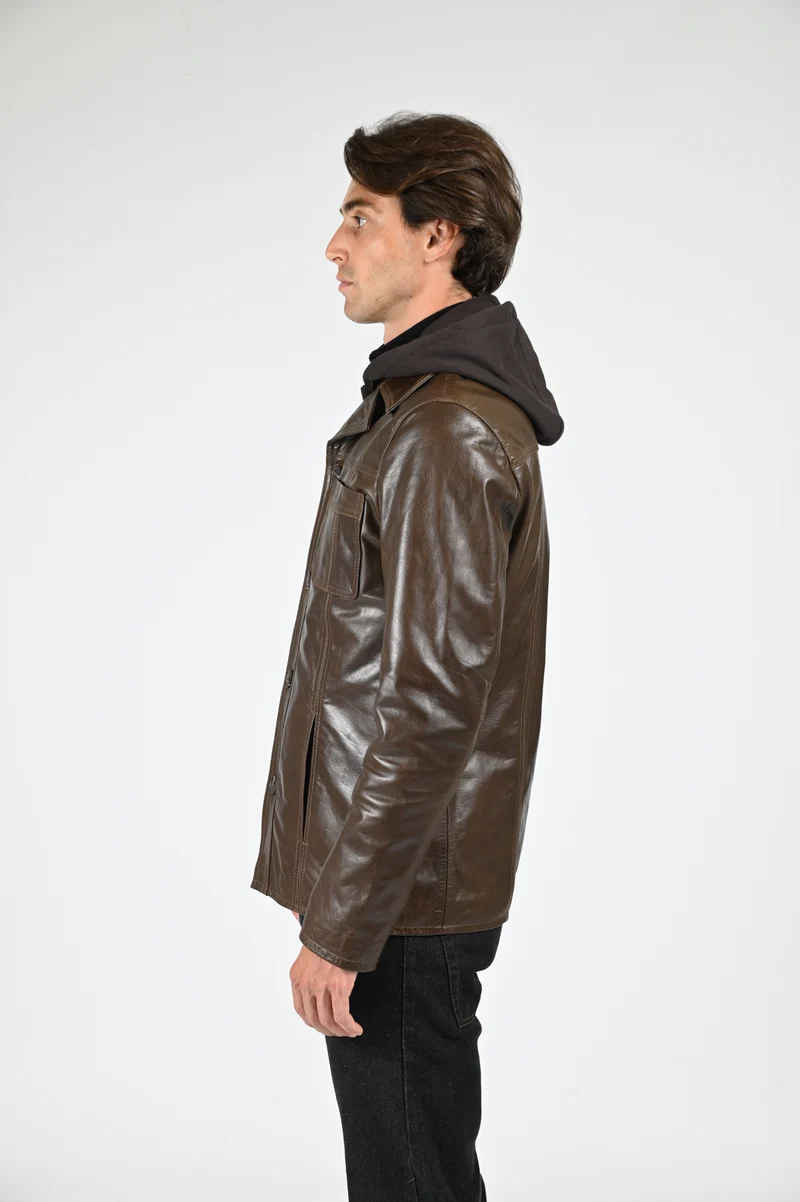 Veste capuche cuir Taggart marron