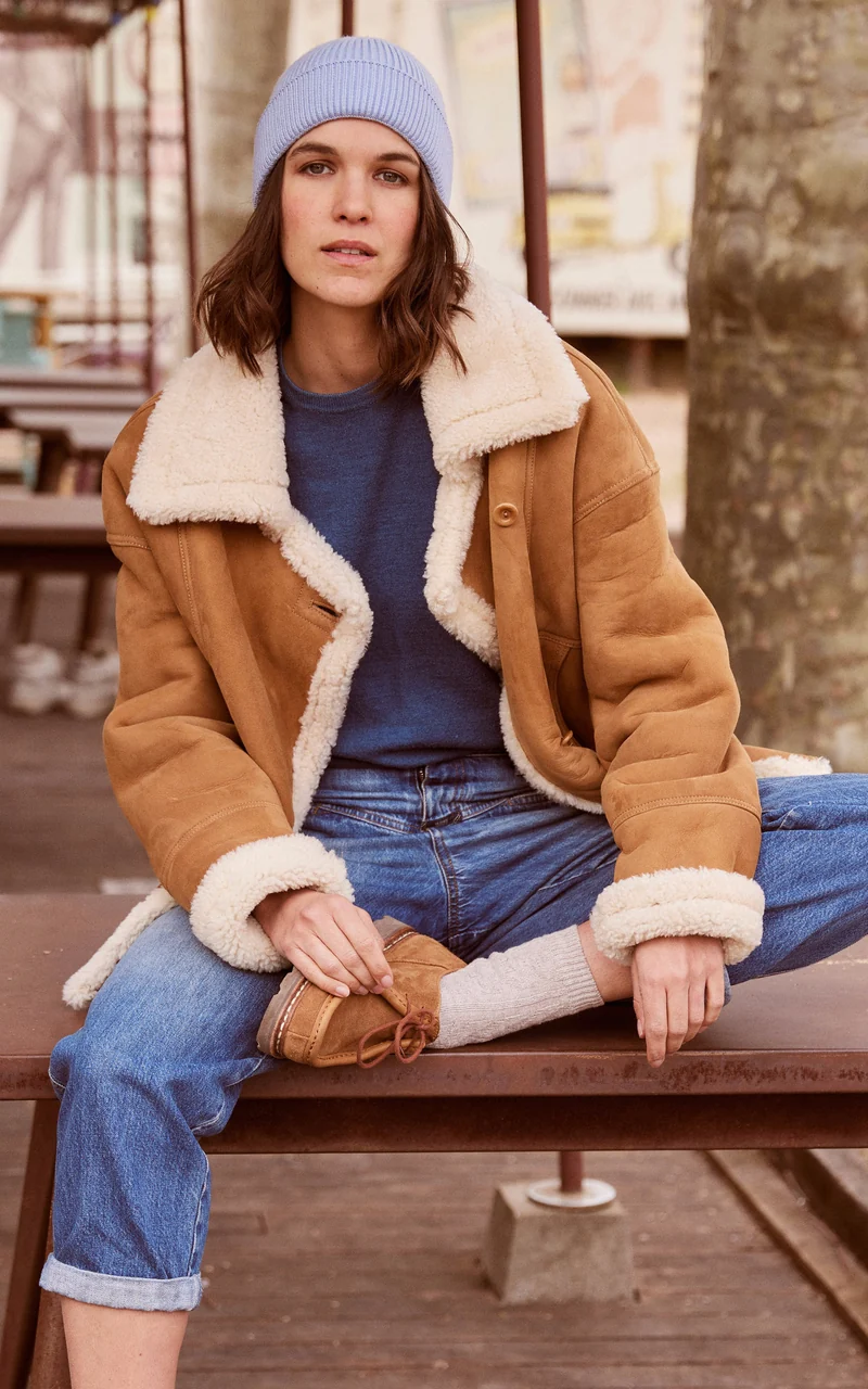 Veste peau lainée oversize Coralie camel