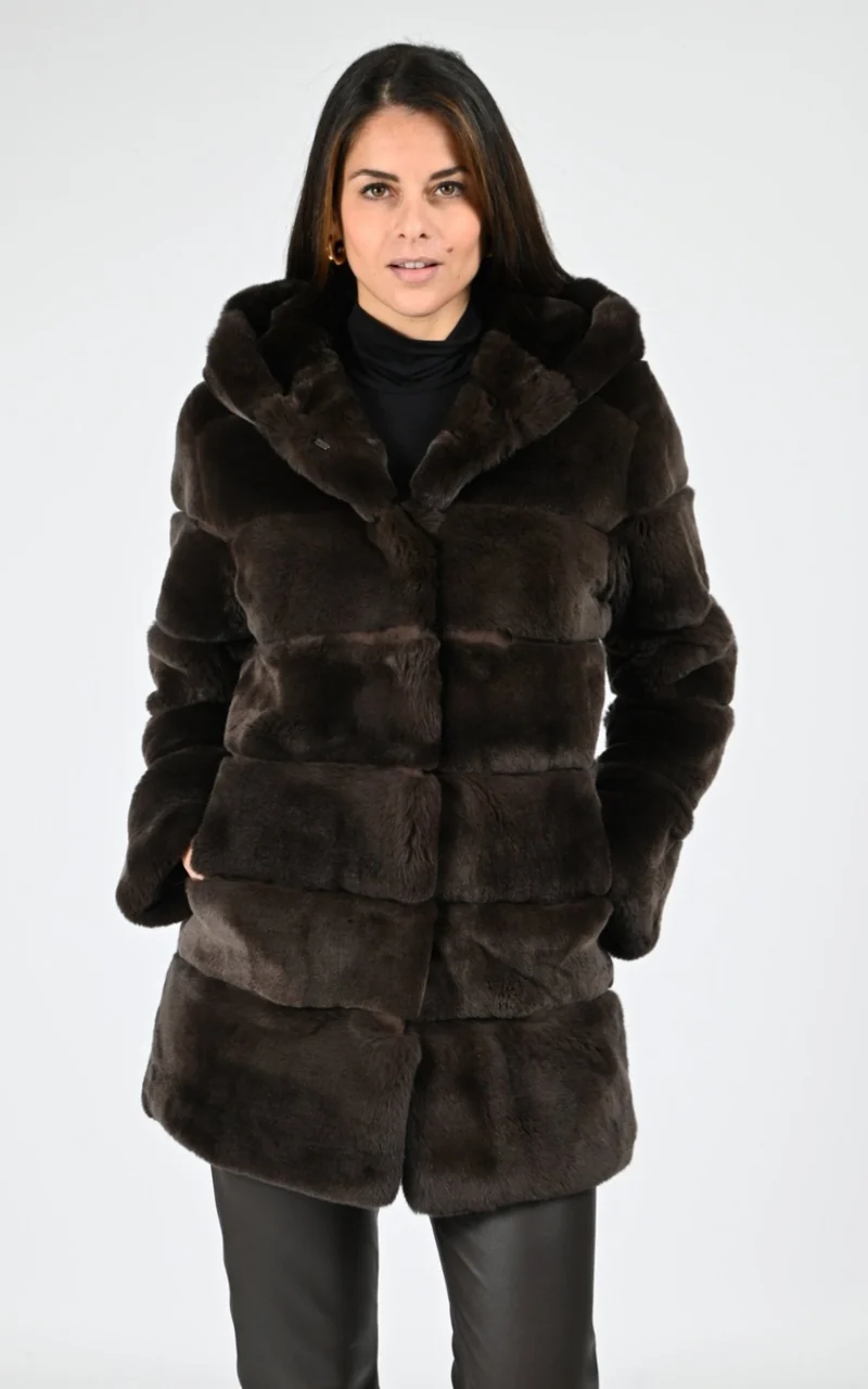 Veste capuche fourrure de lapin rex marron