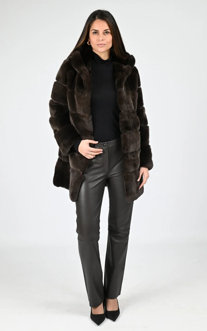 Veste capuche fourrure de lapin rex marron