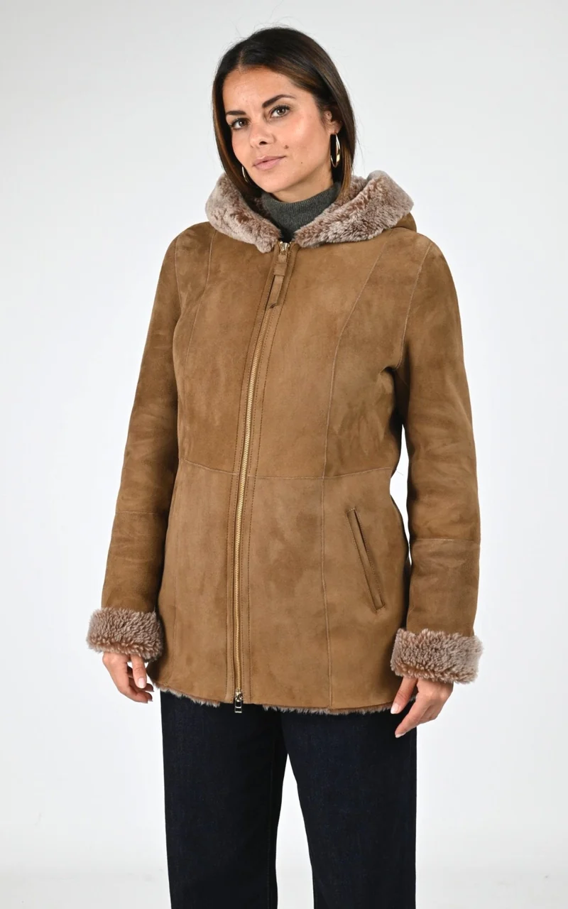 Veste à capuche peau lainée café