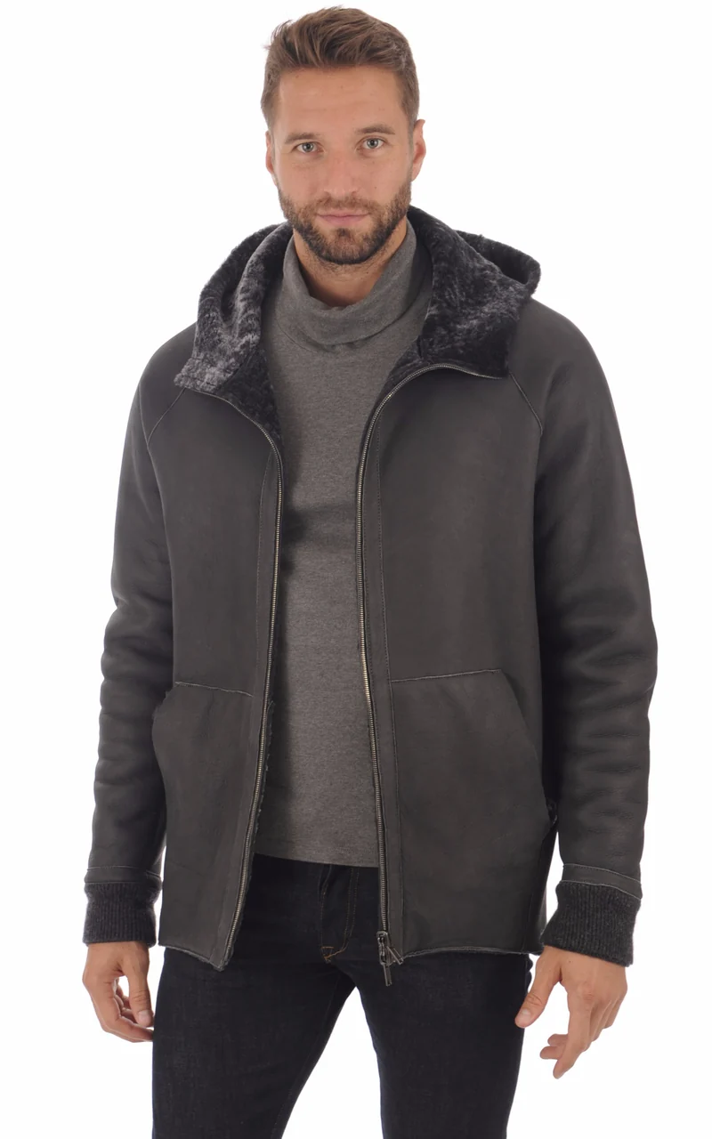 Veste peau lainée à capuche marron