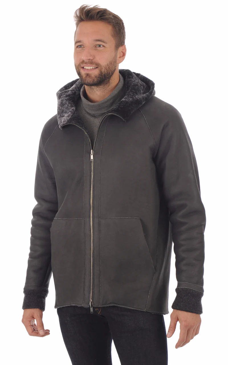 Veste peau lainée à capuche marron