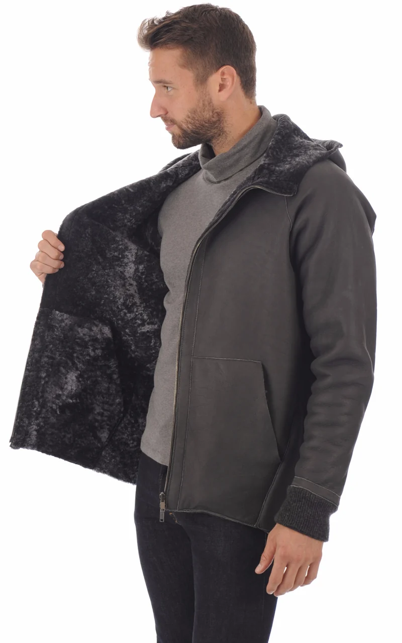 Veste peau lainée à capuche marron