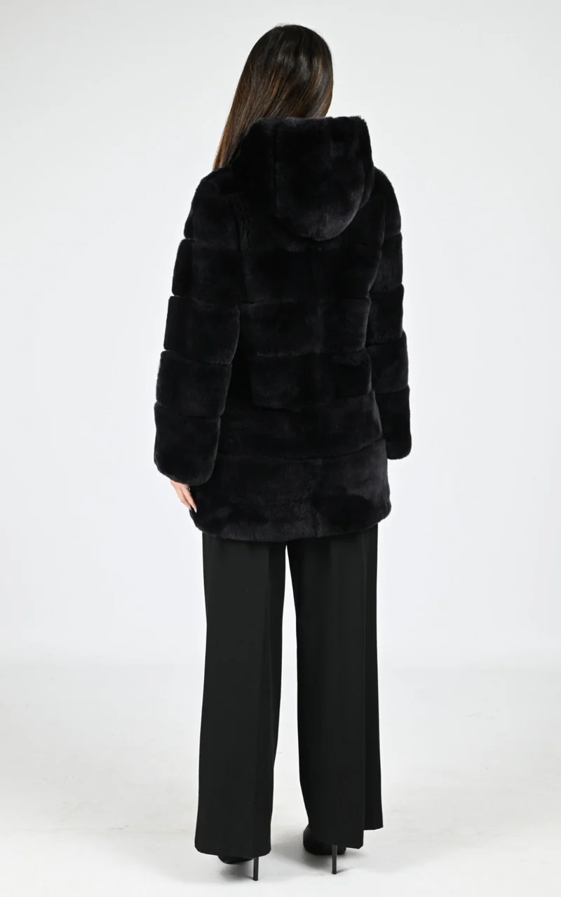 Veste capuche fourrure de lapin rex noir