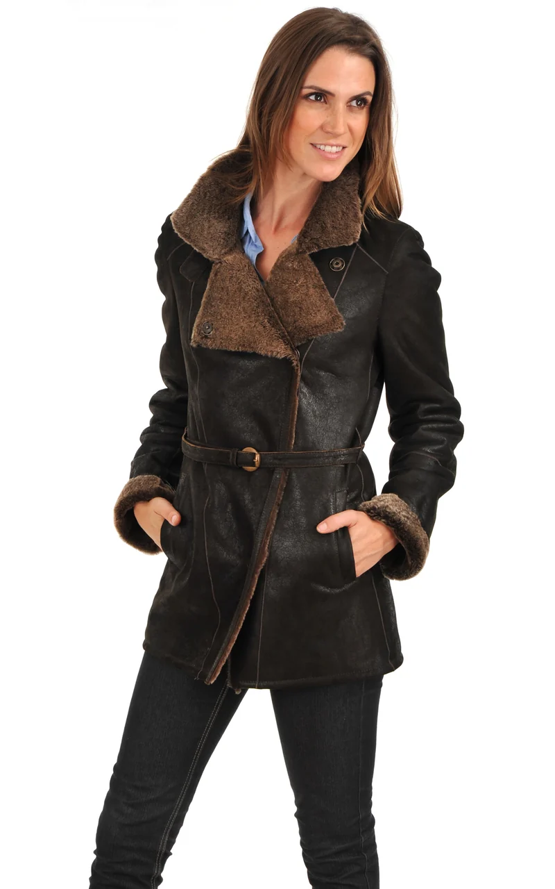 Veste trench peau lainée marron
