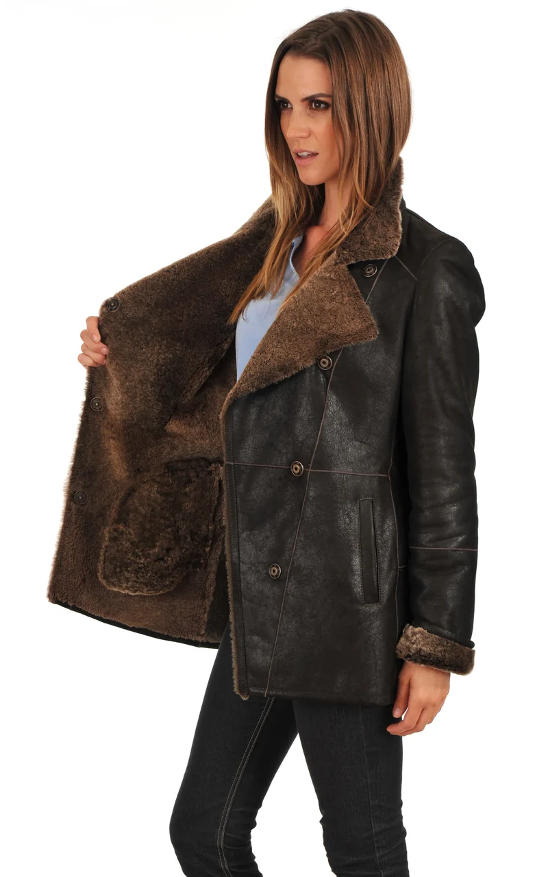 Veste trench peau lainée marron
