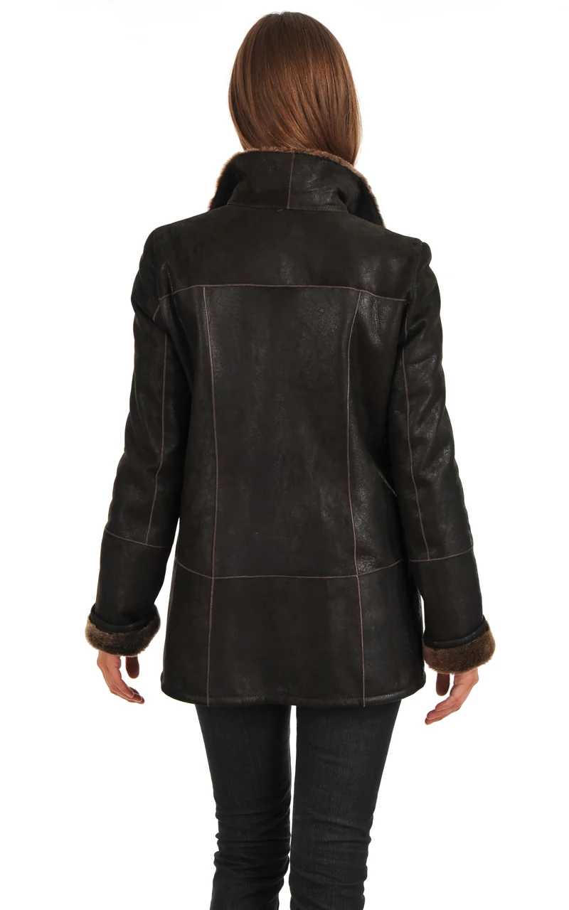 Veste trench peau lainée marron