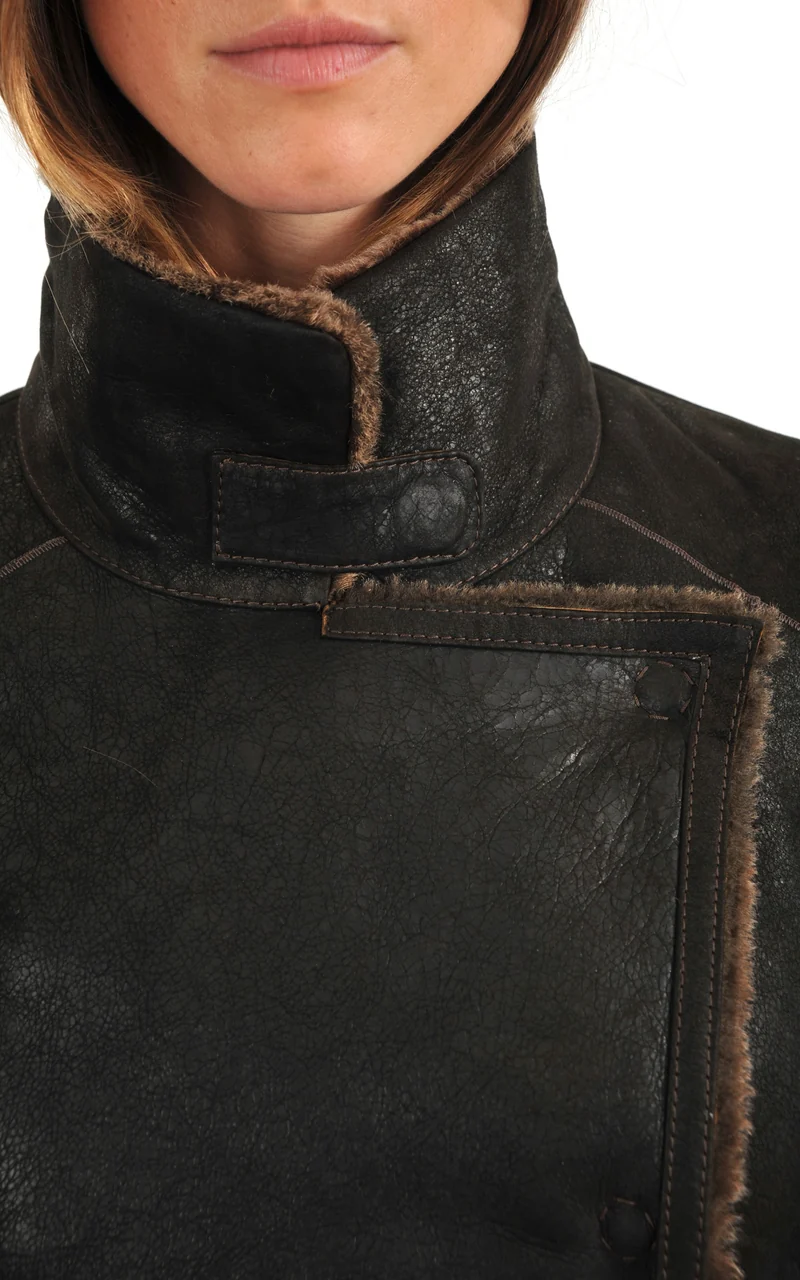 Veste trench peau lainée marron