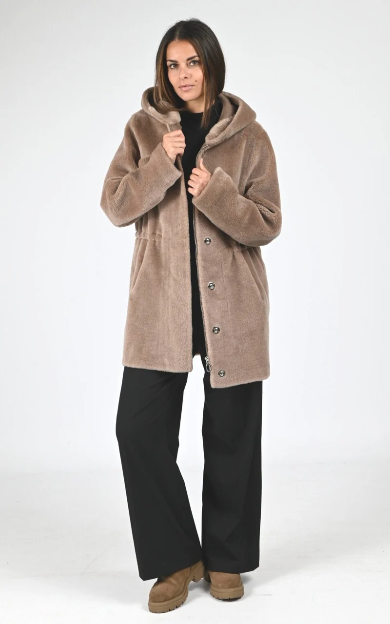 Veste à capuche en laine tissée taupe