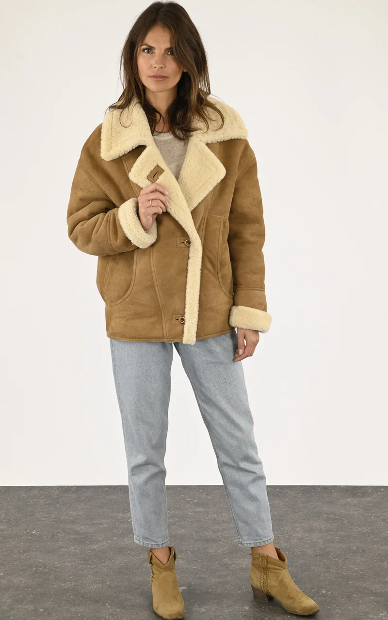 Veste peau lainée oversize Coralie camel
