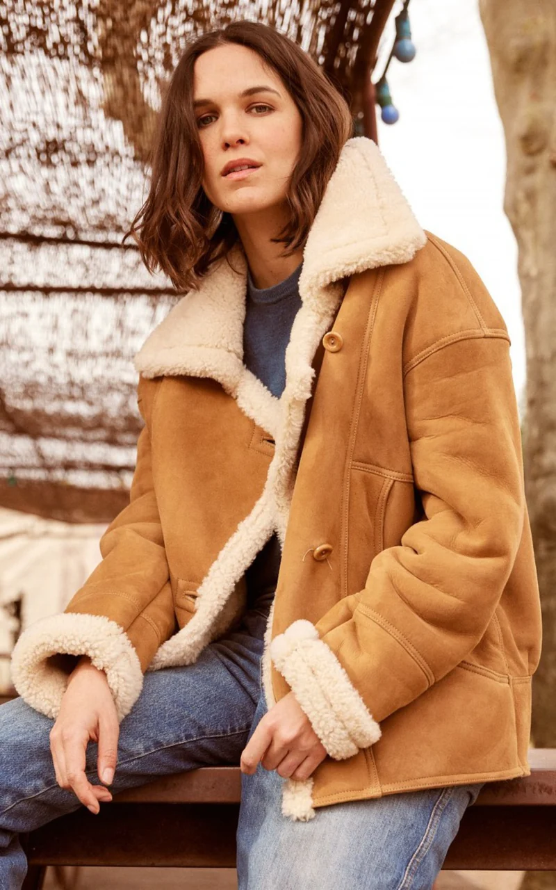 Veste peau lainée oversize Coralie camel