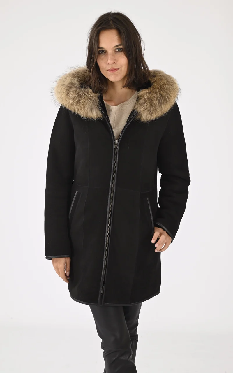 Veste capuche agneau et fourrure noir