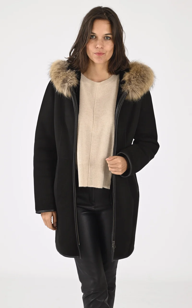 Veste capuche agneau et fourrure noir
