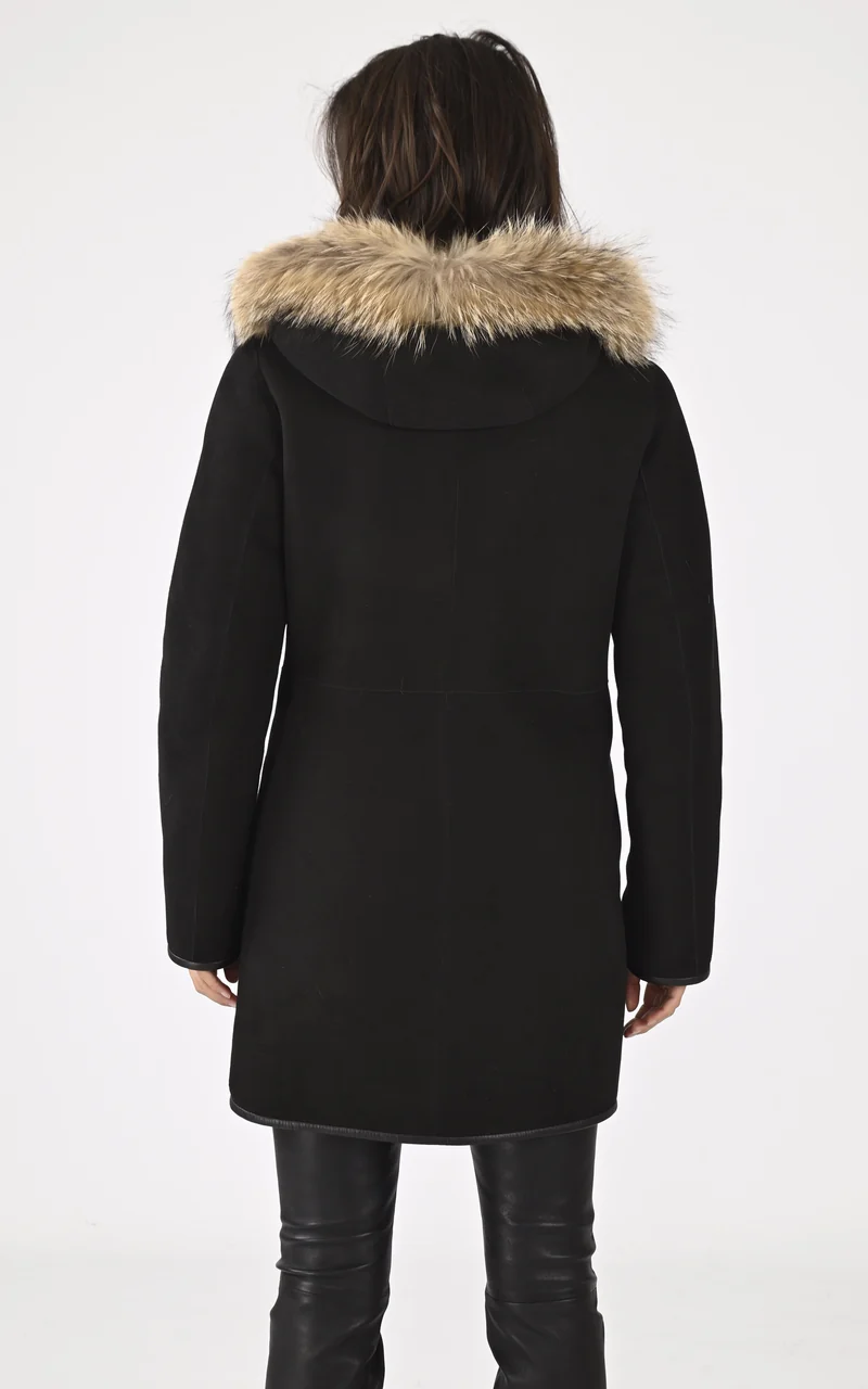 Veste capuche agneau et fourrure noir