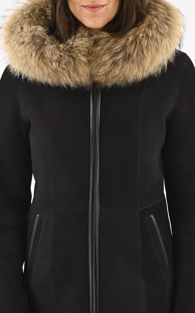 Veste capuche agneau et fourrure noir