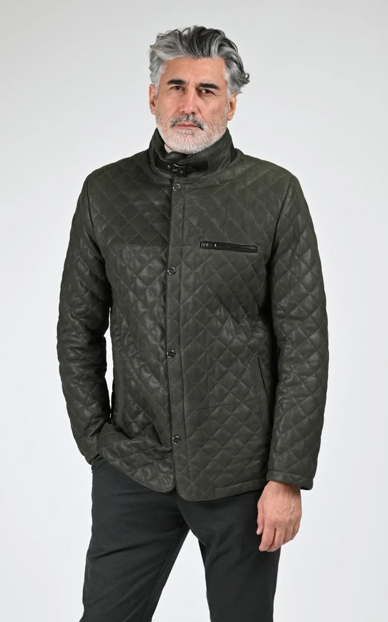 Veste cuir matelassée vert foncé