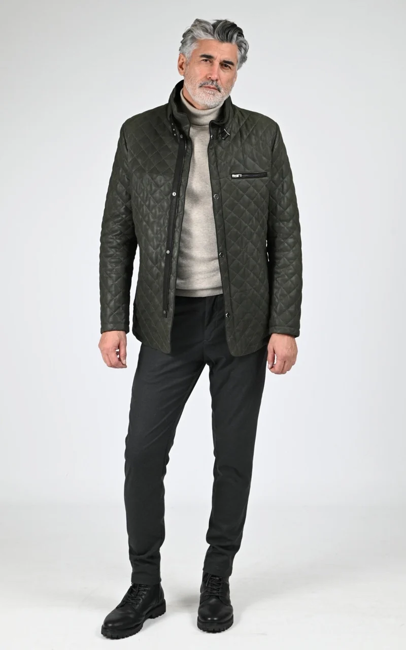 Veste cuir matelassée vert foncé