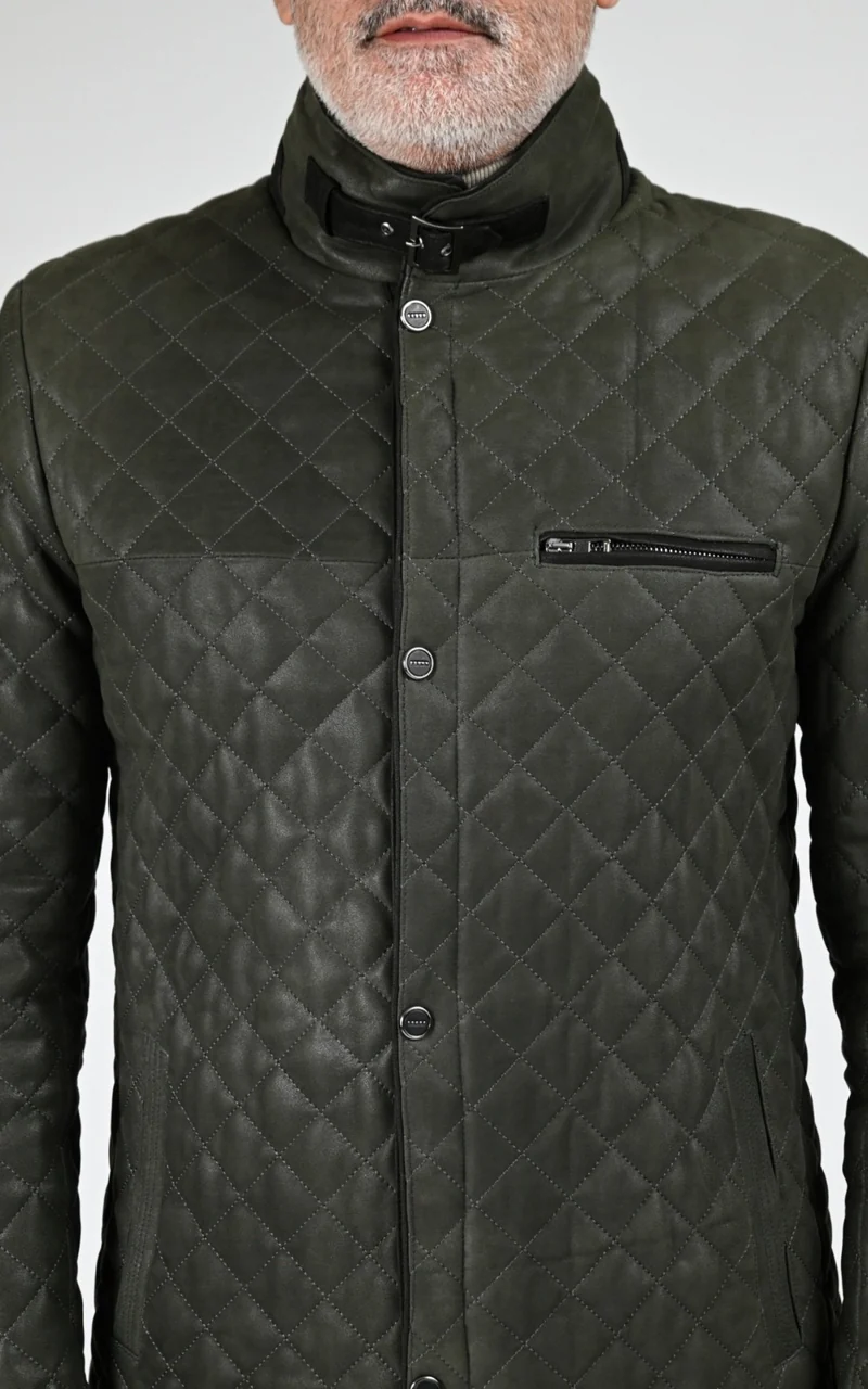 Veste cuir matelassée vert foncé