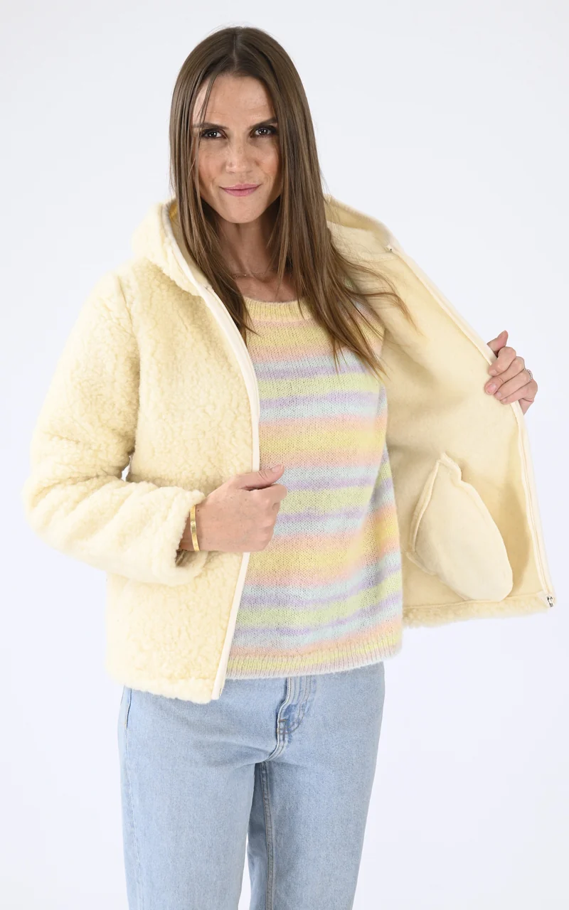 Veste capuche laine agneau beige