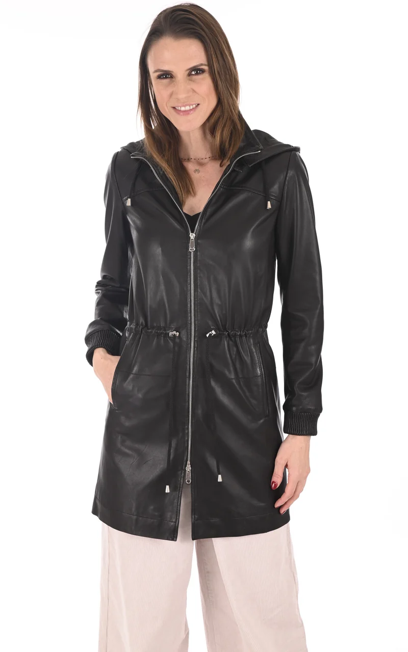 Veste 3/4 avec capuche cuir agneau noir