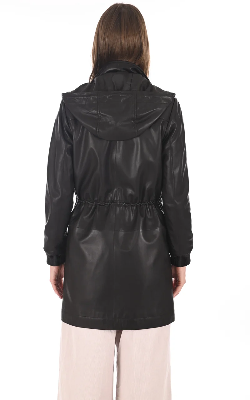 Veste 3/4 avec capuche cuir agneau noir