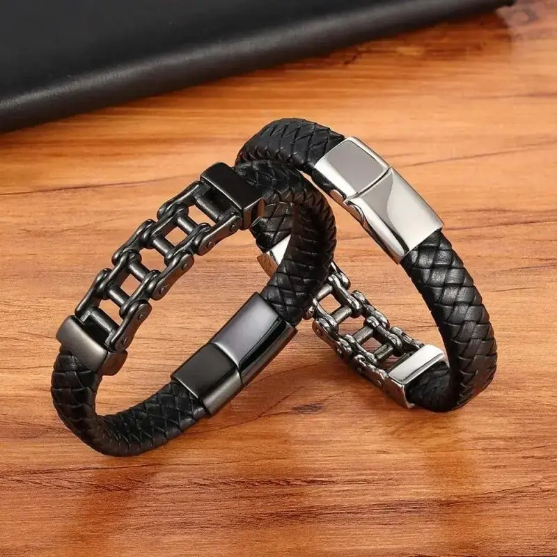 Bracelet chaine moto et cuir
