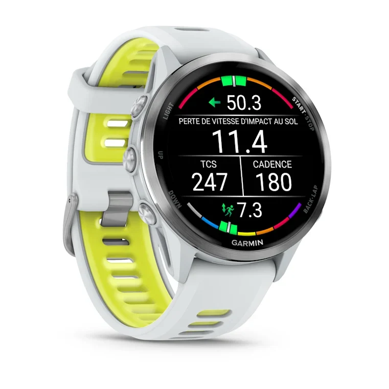 Forerunner® 970 Titane Silver, boîtier blanc et bracelet blanc/jaune translucide