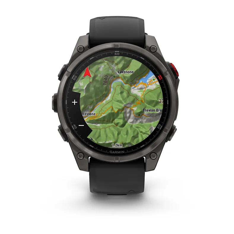 Montre GPS Garmin fēnix® 8 Pro – 47 mm, AMOLED Sapphire, Titane Carbon Gray DLC avec bracelet en silicone noir/gris galet
