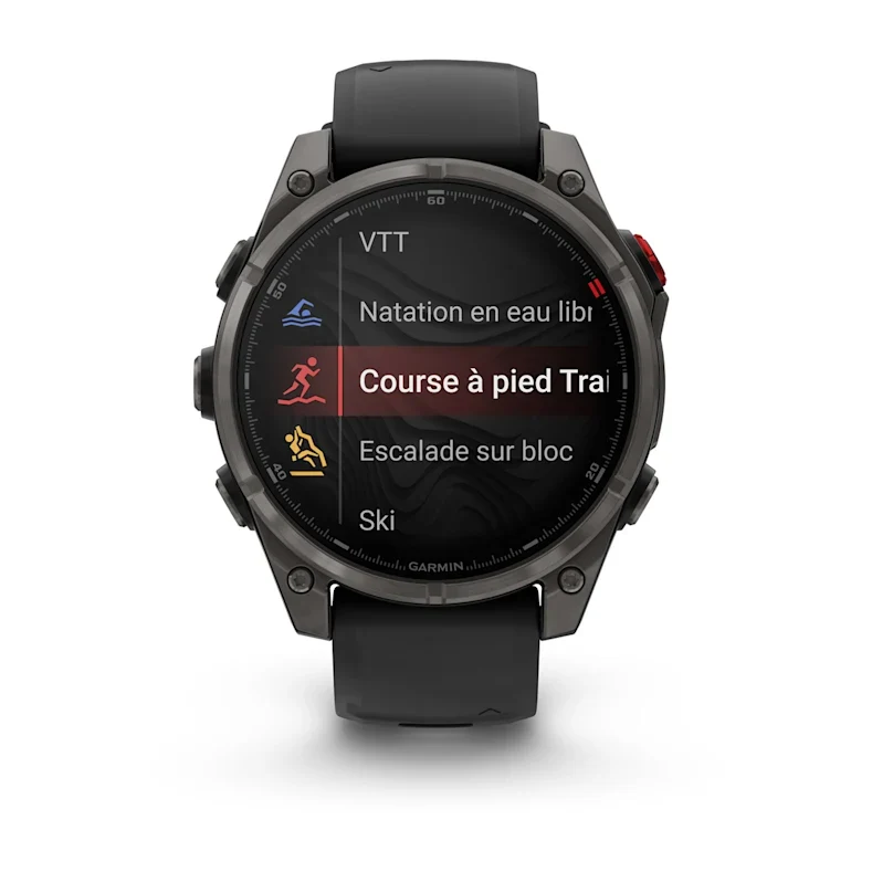Montre GPS Garmin fēnix® 8 Pro – 47 mm, AMOLED Sapphire, Titane Carbon Gray DLC avec bracelet en silicone noir/gris galet