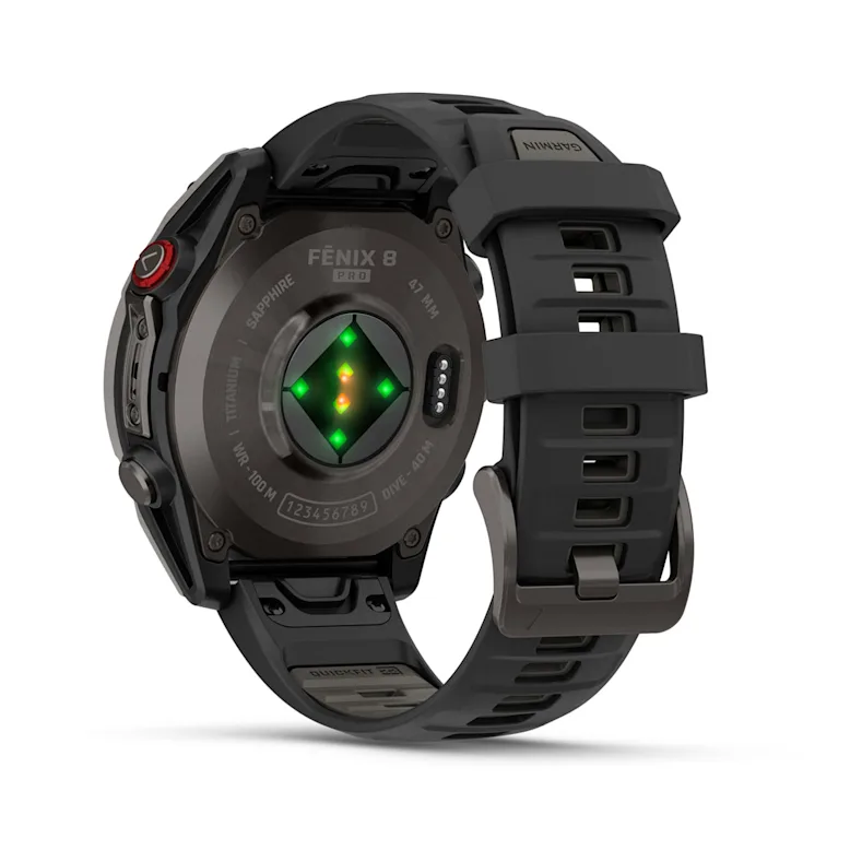 Montre GPS Garmin fēnix® 8 Pro – 47 mm, AMOLED Sapphire, Titane Carbon Gray DLC avec bracelet en silicone noir/gris galet
