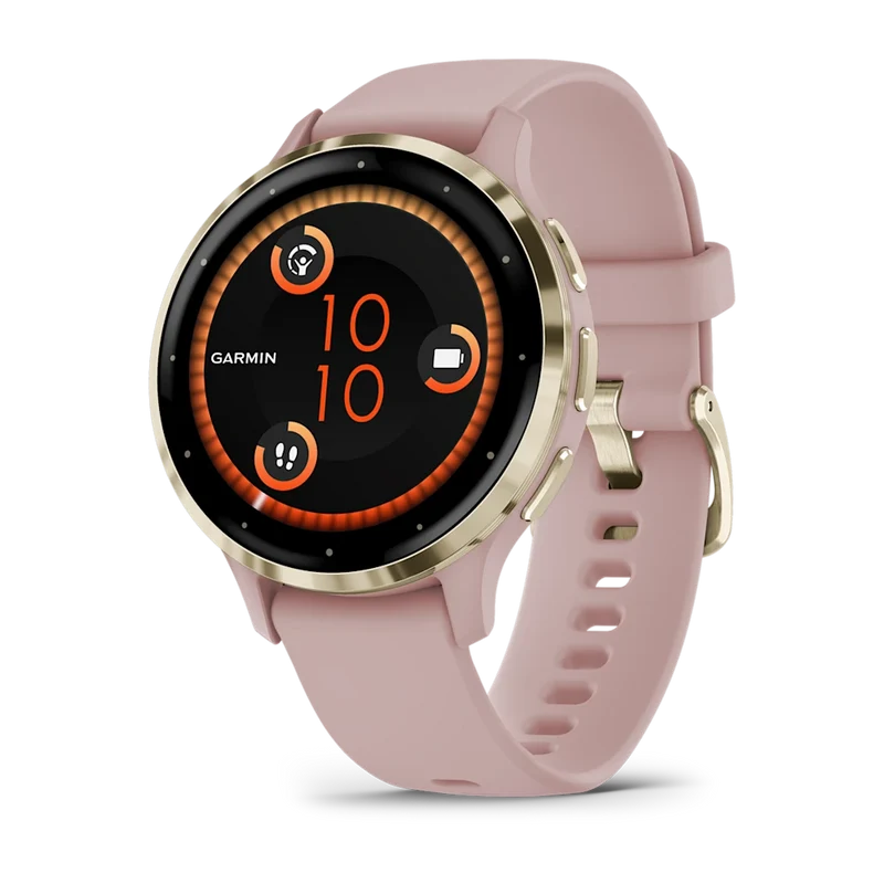 Montre de Sport Garmin Venu 3S boîtier acier inoxydable Soft Gold avec boîtier et bracelet en silicone rose poudré