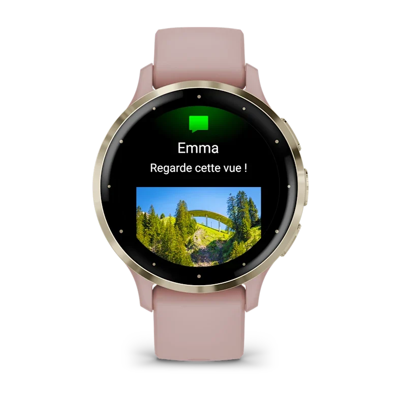 Montre de Sport Garmin Venu 3S boîtier acier inoxydable Soft Gold avec boîtier et bracelet en silicone rose poudré