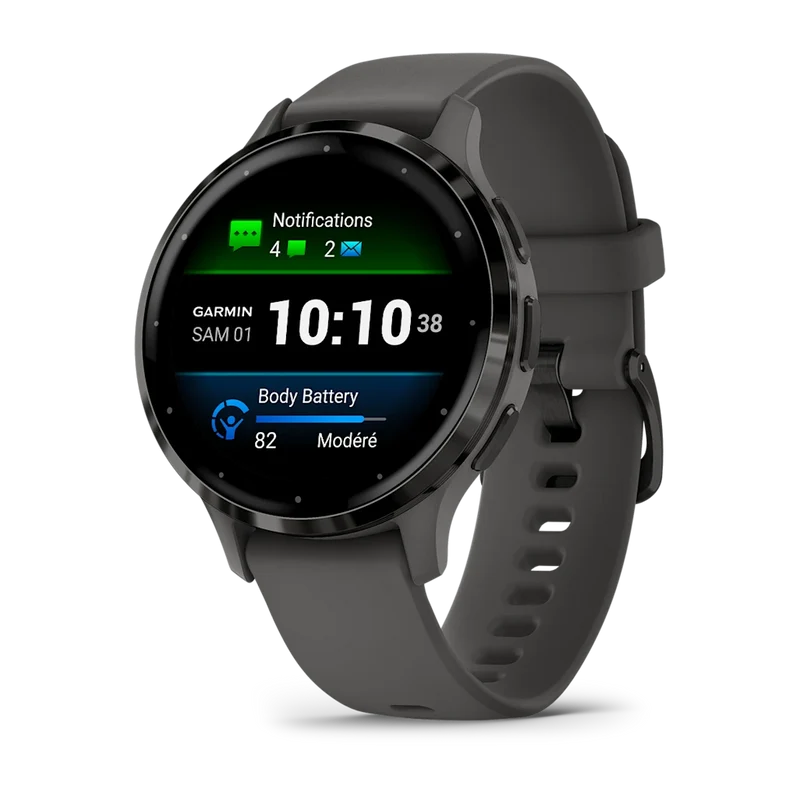 Montre de Sport Garmin Venu 3S boîtier acier inoxydable gris foncé et bracelet en silicone gris foncé
