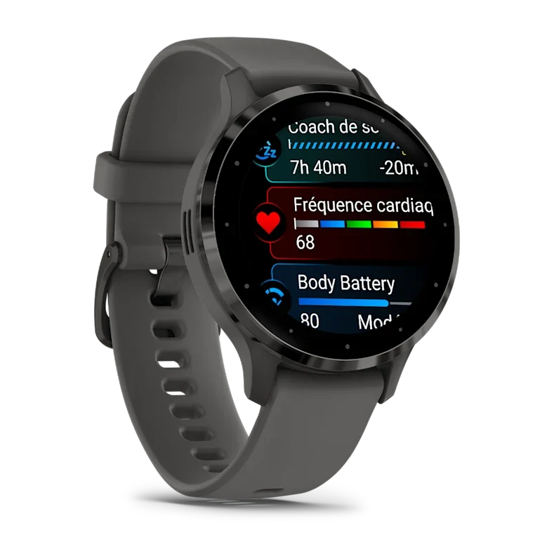 Montre de Sport Garmin Venu 3S boîtier acier inoxydable gris foncé et bracelet en silicone gris foncé
