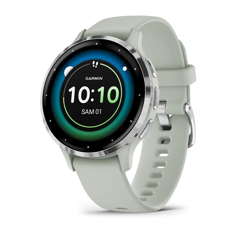 Montre de Sport Garmin Venu 3S boîtier acier inoxydable et bracelet en silicone vert sauge