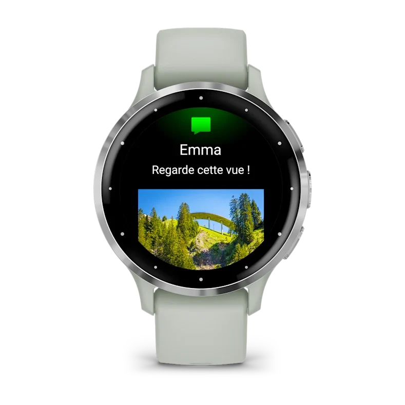 Montre de Sport Garmin Venu 3S boîtier acier inoxydable et bracelet en silicone vert sauge