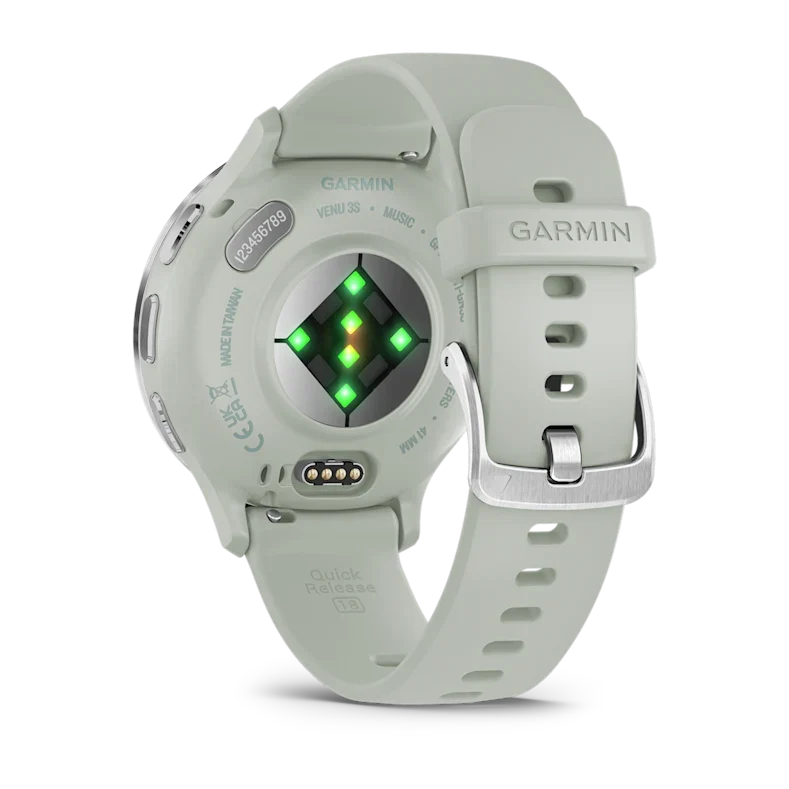 Montre de Sport Garmin Venu 3S boîtier acier inoxydable et bracelet en silicone vert sauge