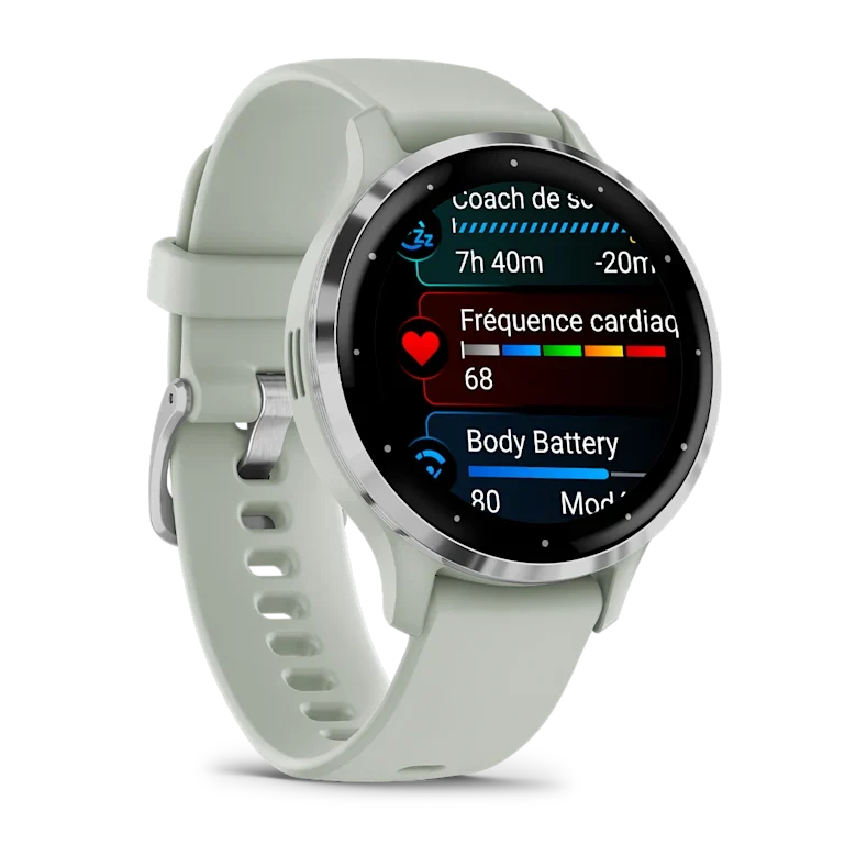 Montre de Sport Garmin Venu 3S boîtier acier inoxydable et bracelet en silicone vert sauge