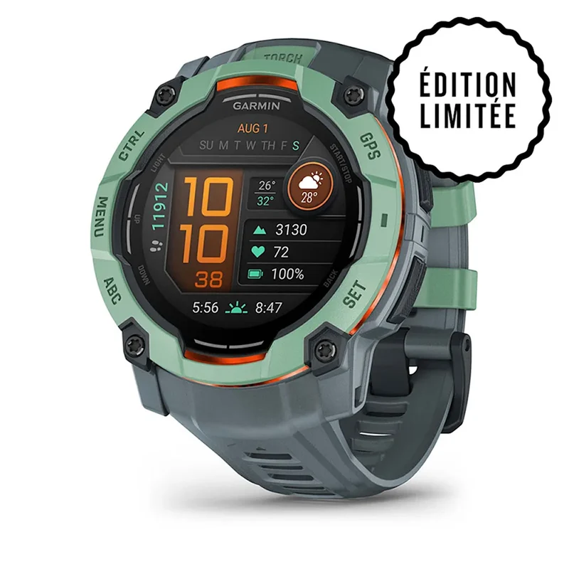 Montre GPS Garmin Instinct 3 AMOLED - 50 mm Vert d'eau avec bracelet bleu crépuscule