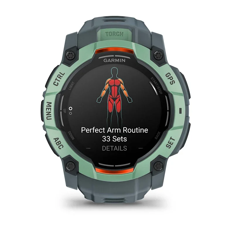 Montre GPS Garmin Instinct 3 AMOLED - 50 mm Vert d'eau avec bracelet bleu crépuscule