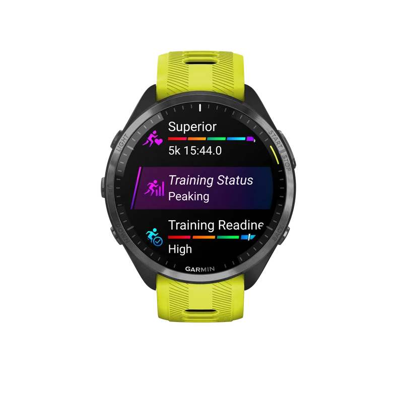 Forerunner® 965 noire avec lunette en titane et bracelet en silicone jaune vif/noir