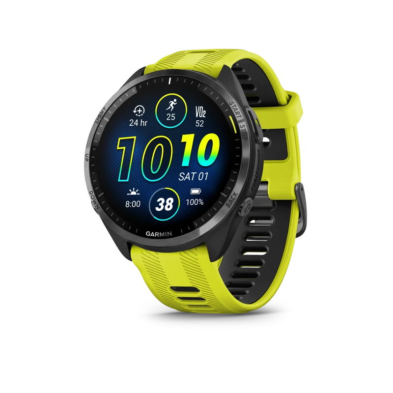 Forerunner® 965 noire avec lunette en titane et bracelet en silicone jaune vif/noir