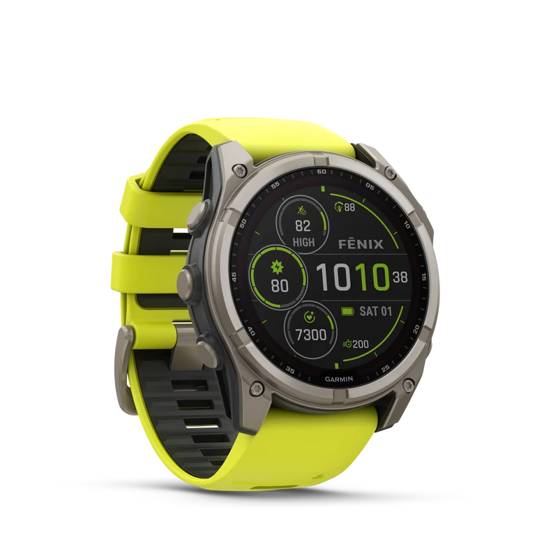 Montre GPS Garmin fēnix® 8 – 51 mm, Solar, Sapphire Sapphire, Titanium avec bracelet en silicone jaune/graphite