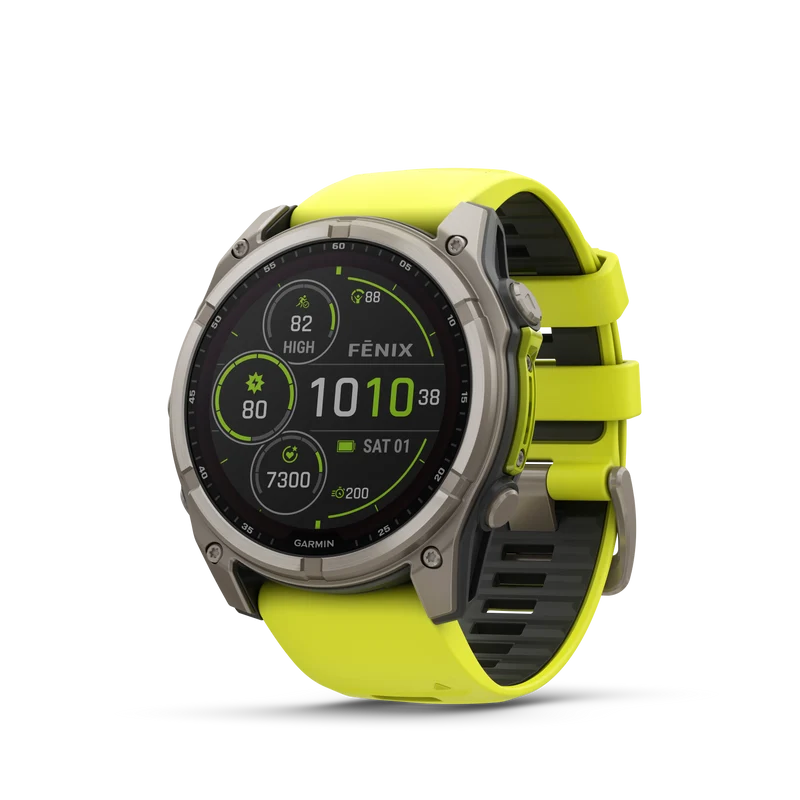 Montre GPS Garmin fēnix® 8 – 51 mm, Solar, Sapphire Sapphire, Titanium avec bracelet en silicone jaune/graphite