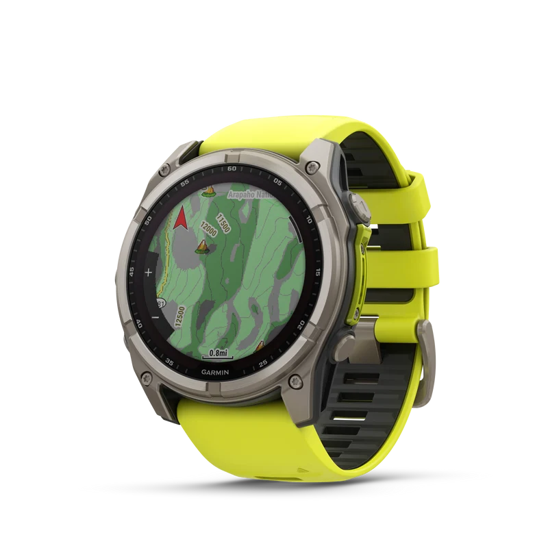 Montre GPS Garmin fēnix® 8 – 51 mm, Solar, Sapphire Sapphire, Titanium avec bracelet en silicone jaune/graphite