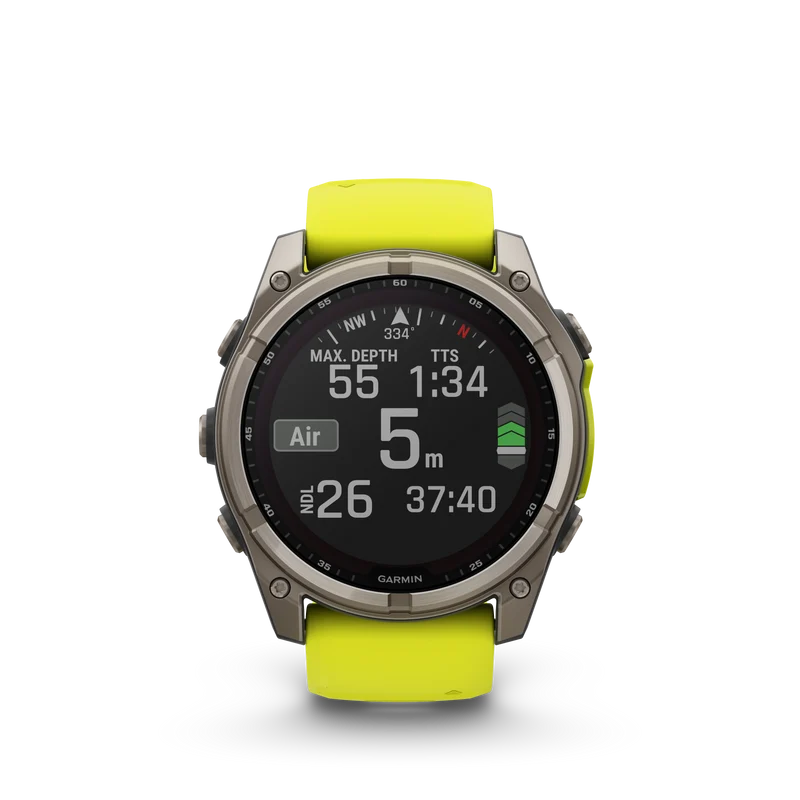 Montre GPS Garmin fēnix® 8 – 51 mm, Solar, Sapphire Sapphire, Titanium avec bracelet en silicone jaune/graphite