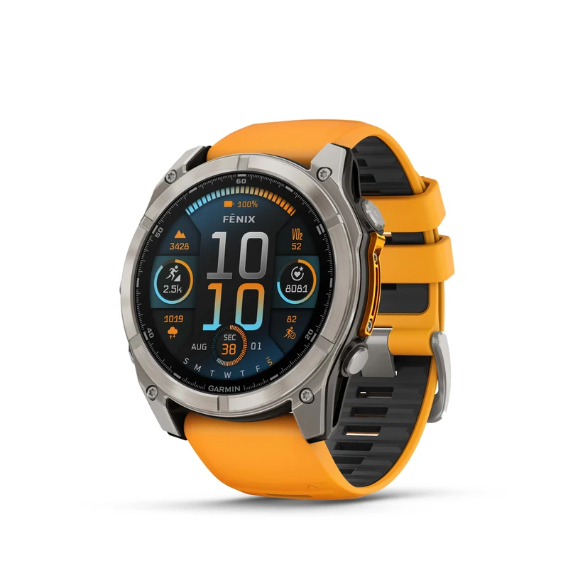 Montre GPS Garmin Fénix 8 AMOLED - 51 mm Sapphire Titane avec Bracelet en Silicone Orange Graphite