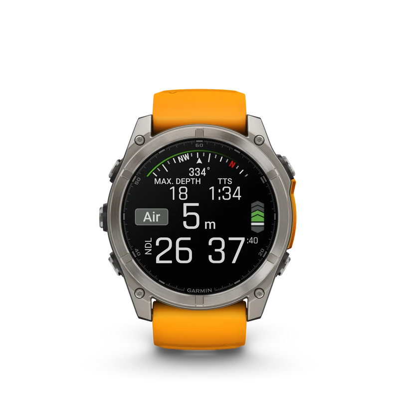 Montre GPS Garmin Fénix 8 AMOLED - 51 mm Sapphire Titane avec Bracelet en Silicone Orange Graphite